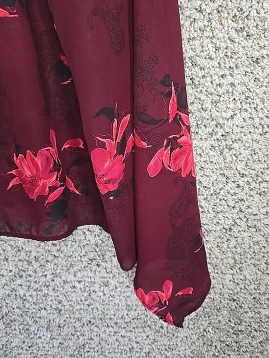 Lane Bryant Top Womens Plus 20 Burgundy Floral Print Sheer Blouse V Neck Ladies - Picture 2 of 7